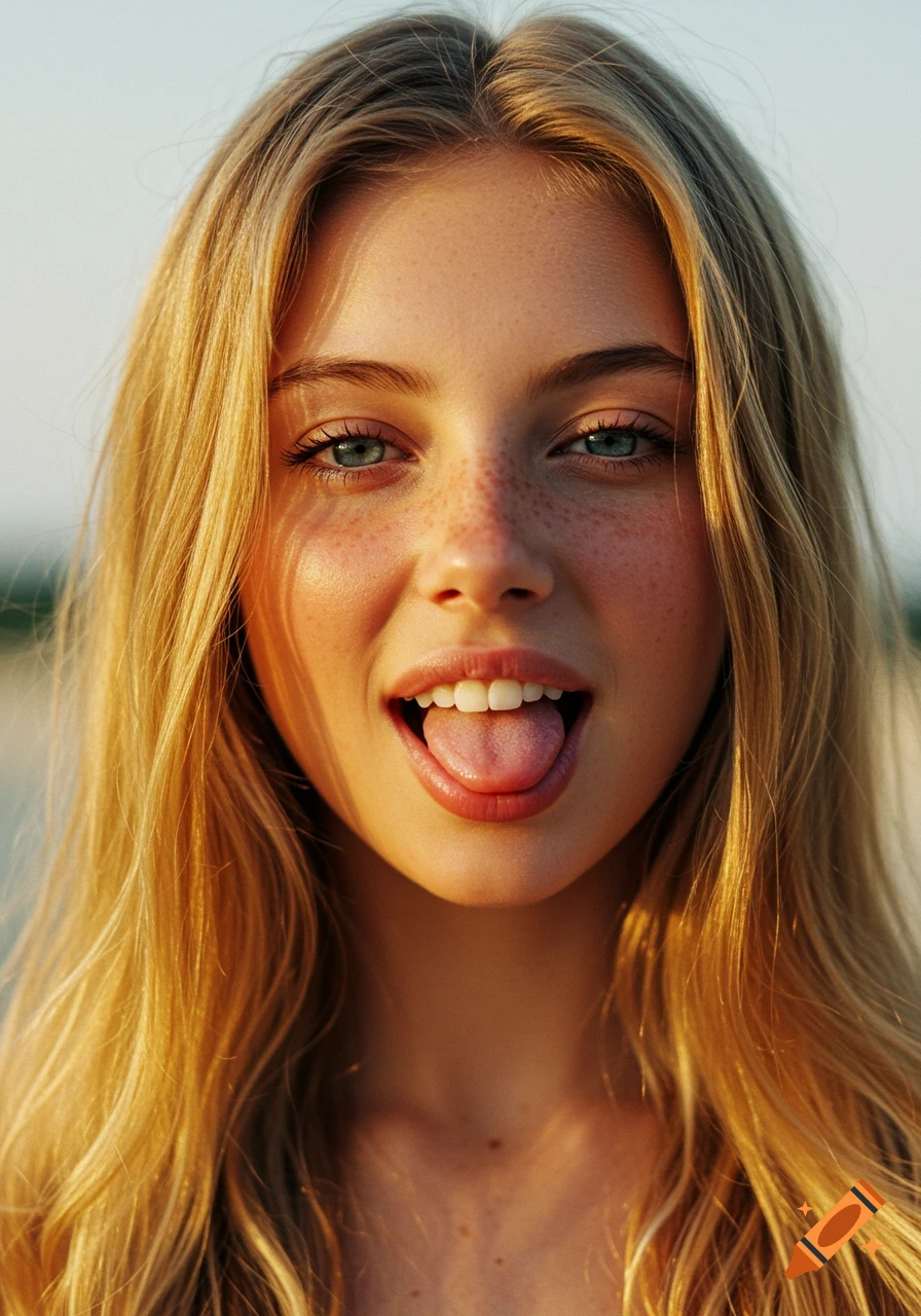 Close-up photorealistic portrait of a young blonde woman with blue eyes and freckles playfully sticking her tongue out.