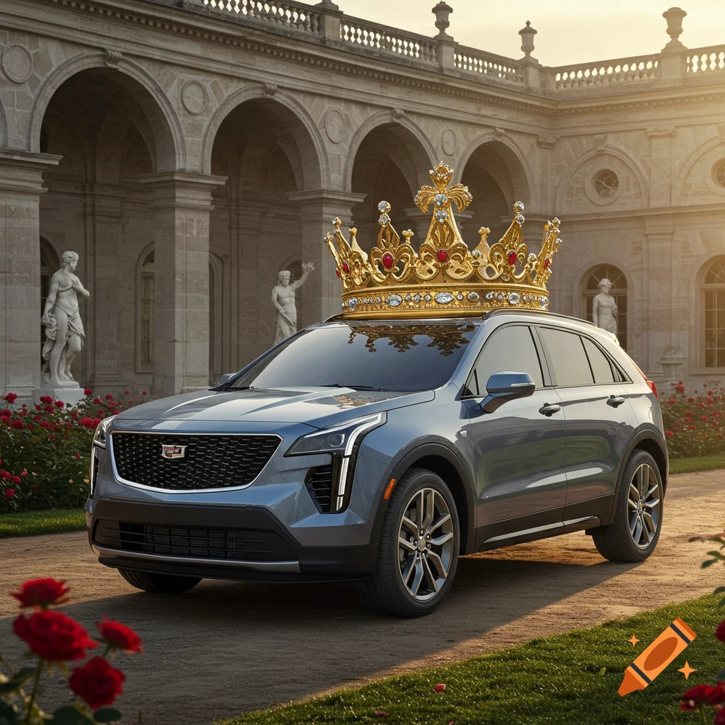 A blue Cadillac XT4 SUV with a large golden crown on its roof, parked before a classical palace at sunset.