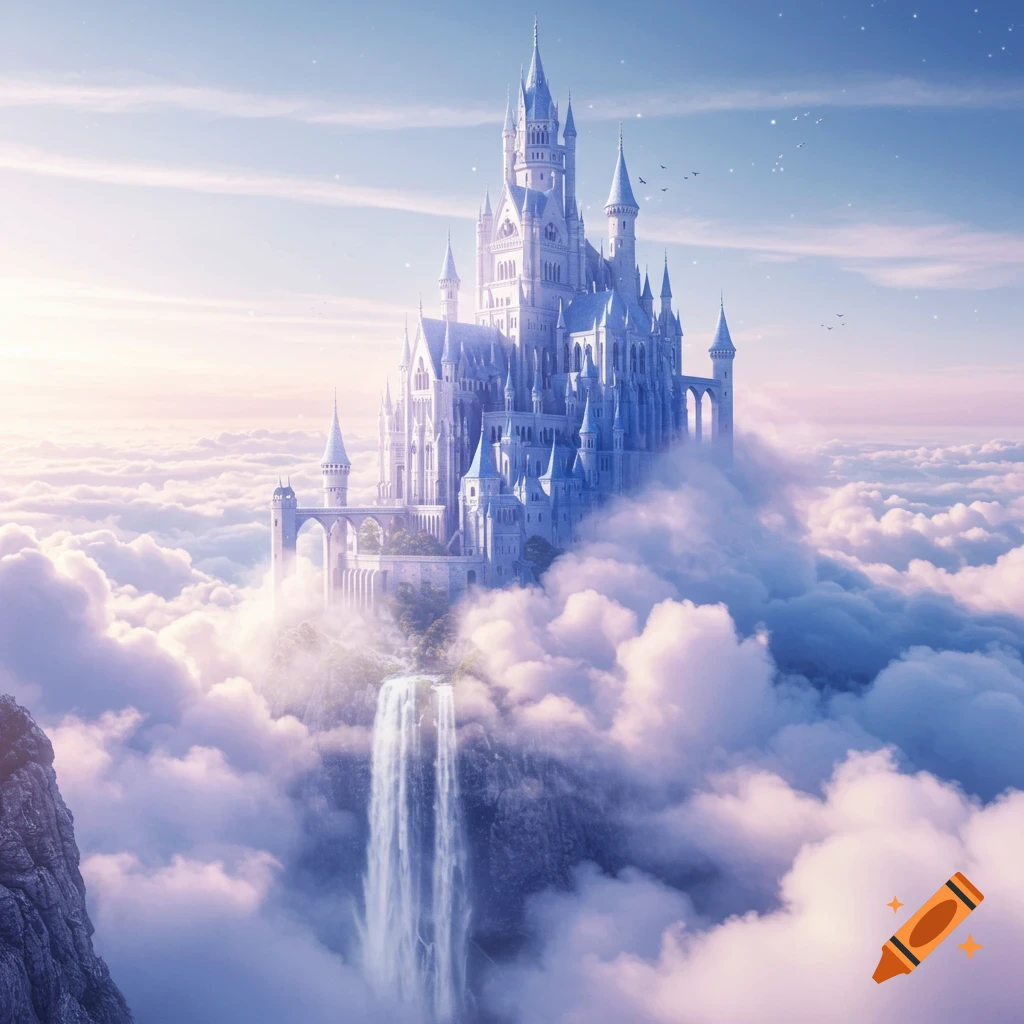 A grand white fantasy castle with many spires and towers stands majestically on clouds, with a waterfall cascading from its base.