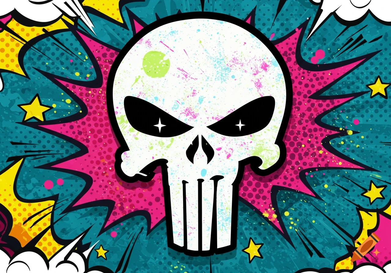 A goofy white skull with neon splatters and star pupils, set against a vibrant pop art comic book explosion background with yellow stars.