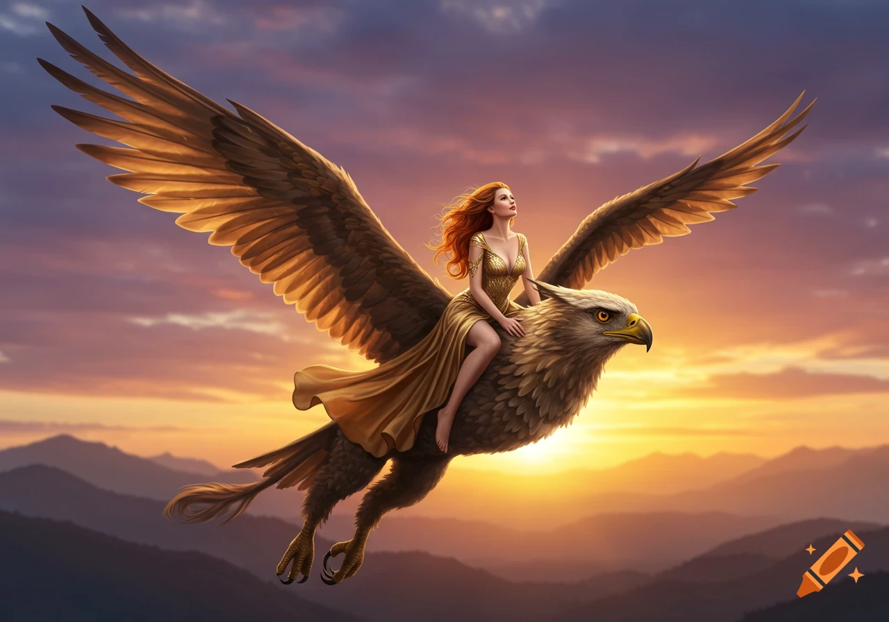 A beautiful woman with red hair in a golden dress rides a majestic griffin across a sunset sky over mountains, fantasy digital art.