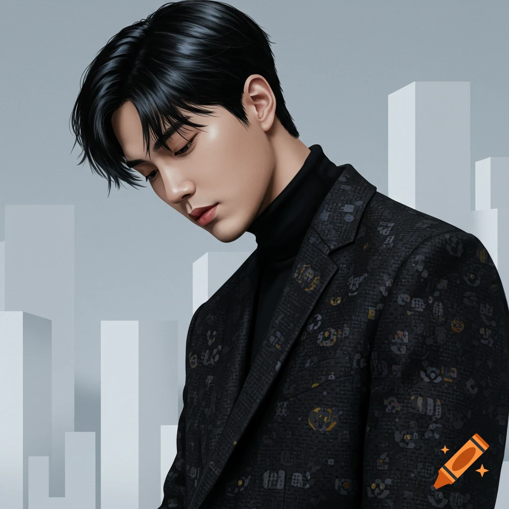 A digital art portrait of a young Asian man looking down, wearing a black turtleneck and a dark, patterned suit jacket.