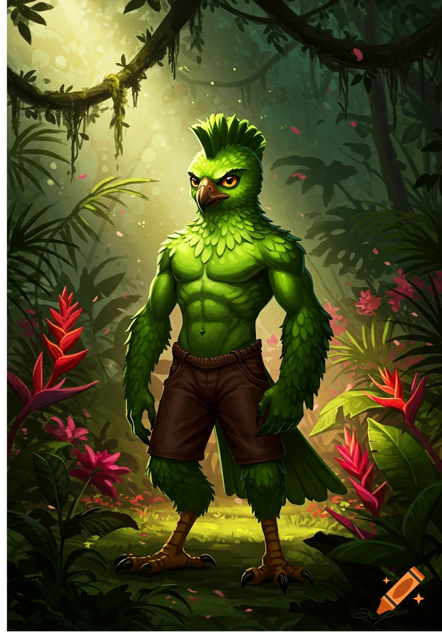 A muscular green humanoid bird with a mohawk and brown shorts stands in a vibrant fantasy jungle illustration.