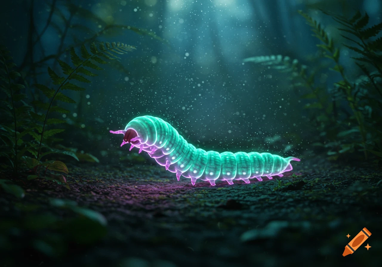 A glowing, bioluminescent turquoise and pink worm crawls on a dark forest floor among ferns, under shafts of light.