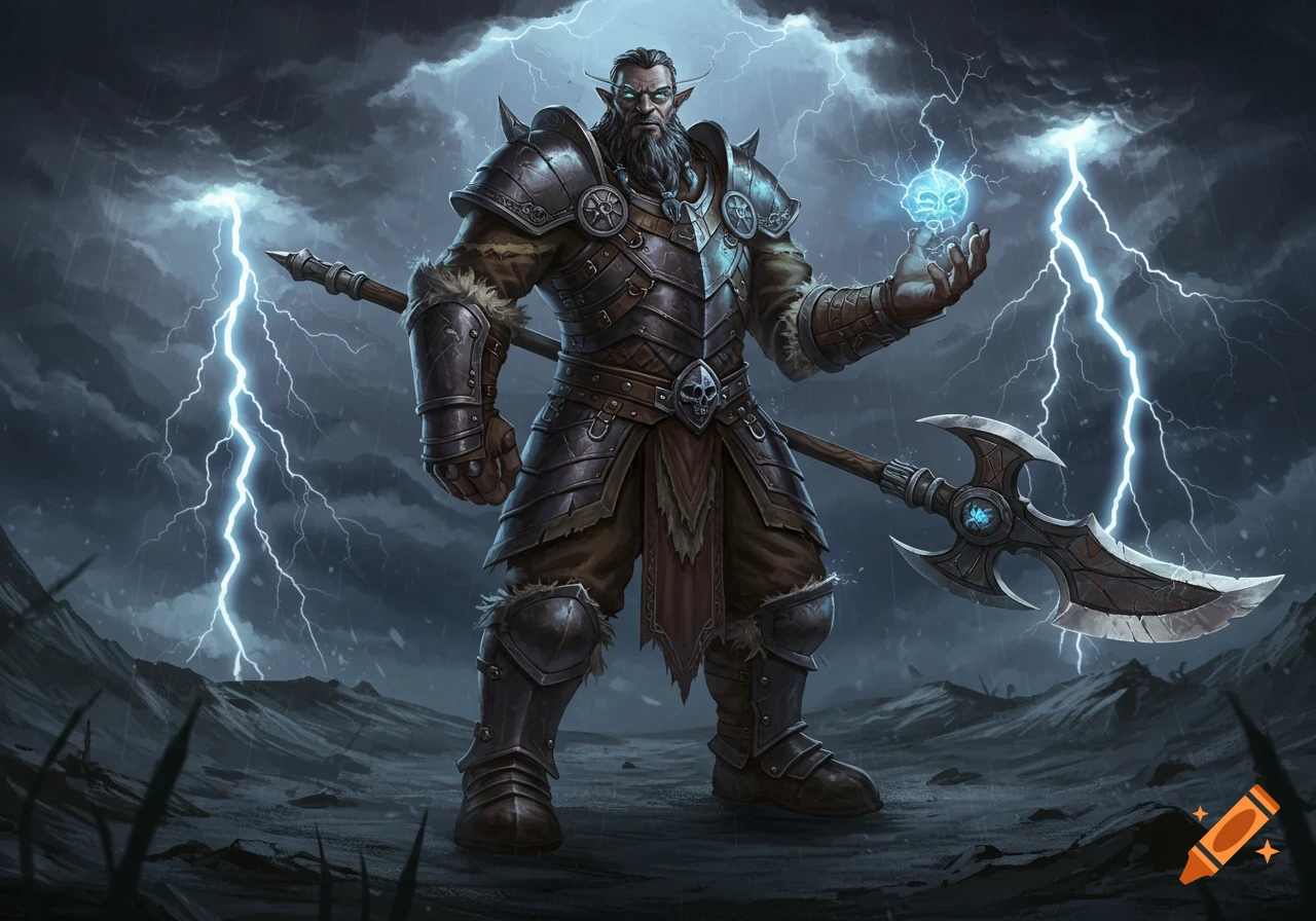 A heavily armored, bearded fantasy warrior with pointed ears stands under a stormy sky with lightning, holding a glowing blue orb and a large axe.