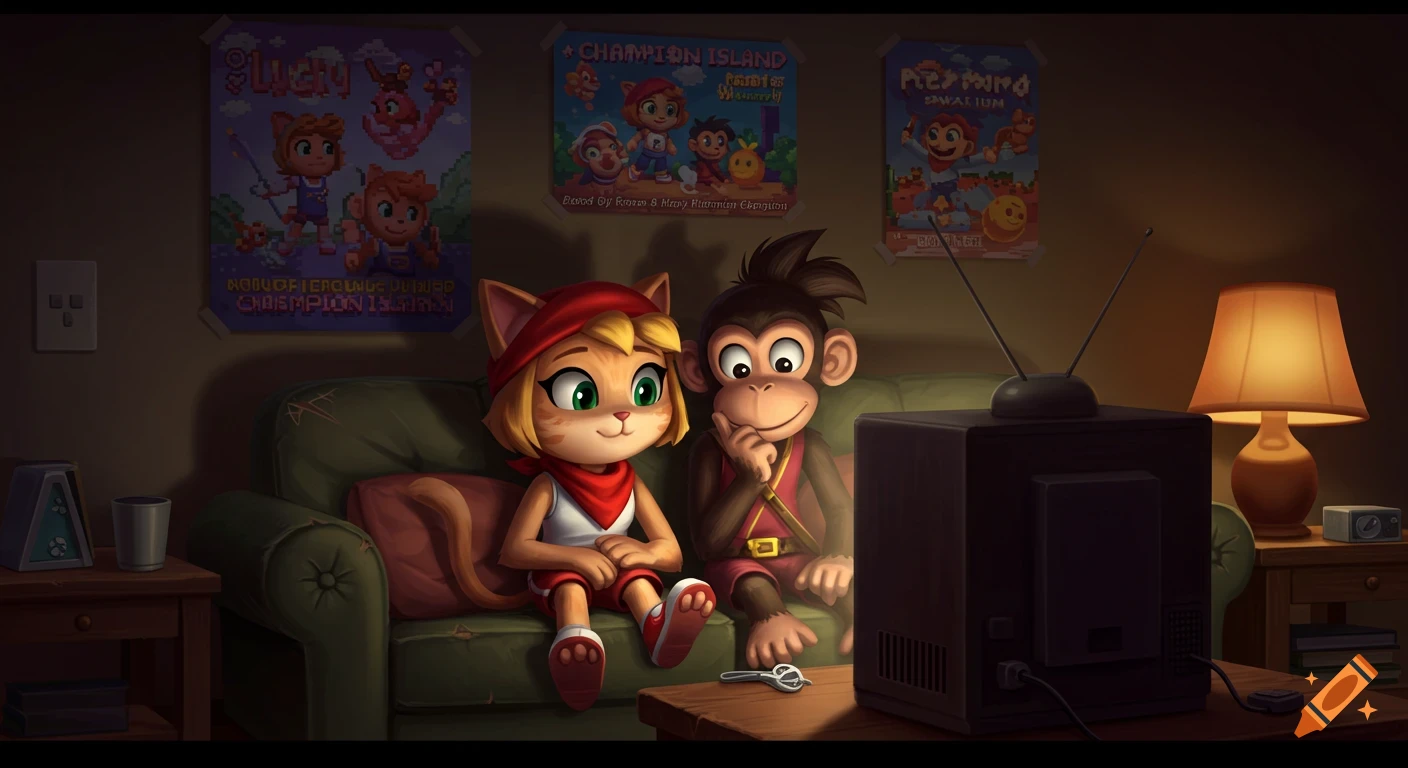 A cartoon cat and monkey sit on a green couch, illuminated by a lamp, watching a television. Three stylized posters hang on the wall behind them.