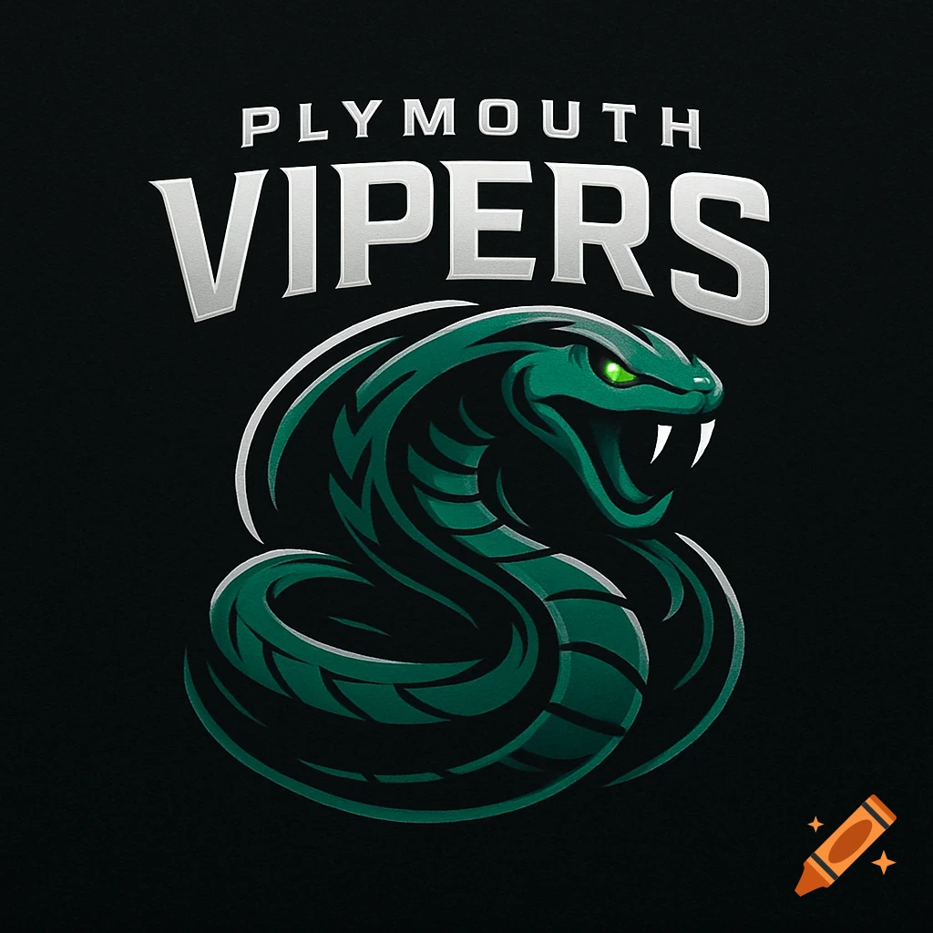 Green coiled viper logo with glowing eyes and text "PLYMOUTH VIPERS" on a black background.