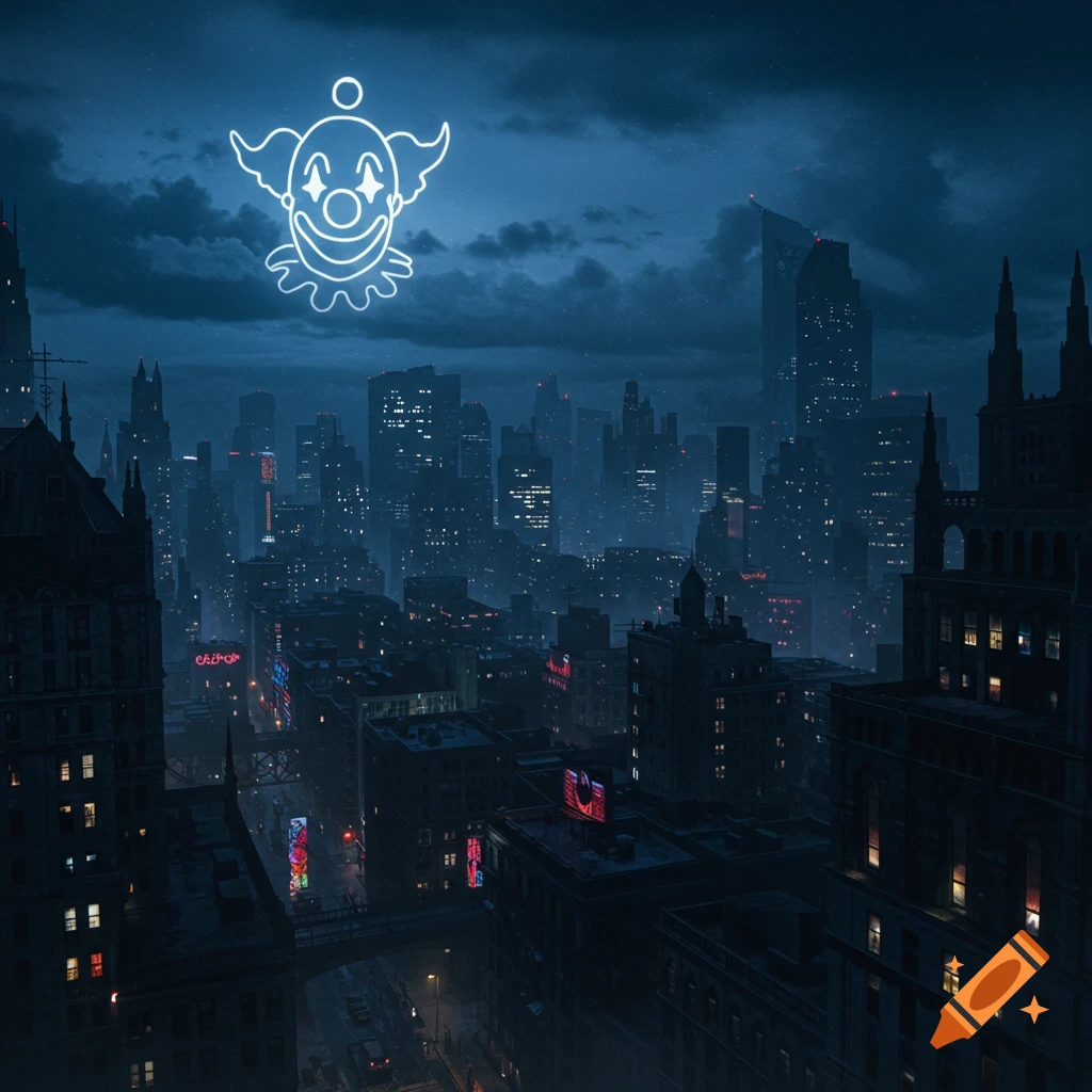 A dark, moody cityscape at night, with a bright neon clown symbol shining in the sky above tall buildings.
