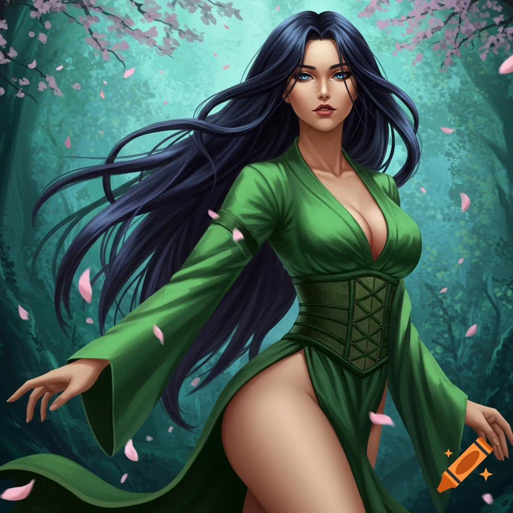 A beautiful woman with long dark hair and blue eyes wears a green dress with a high slit in a mystical forest with cherry blossoms.