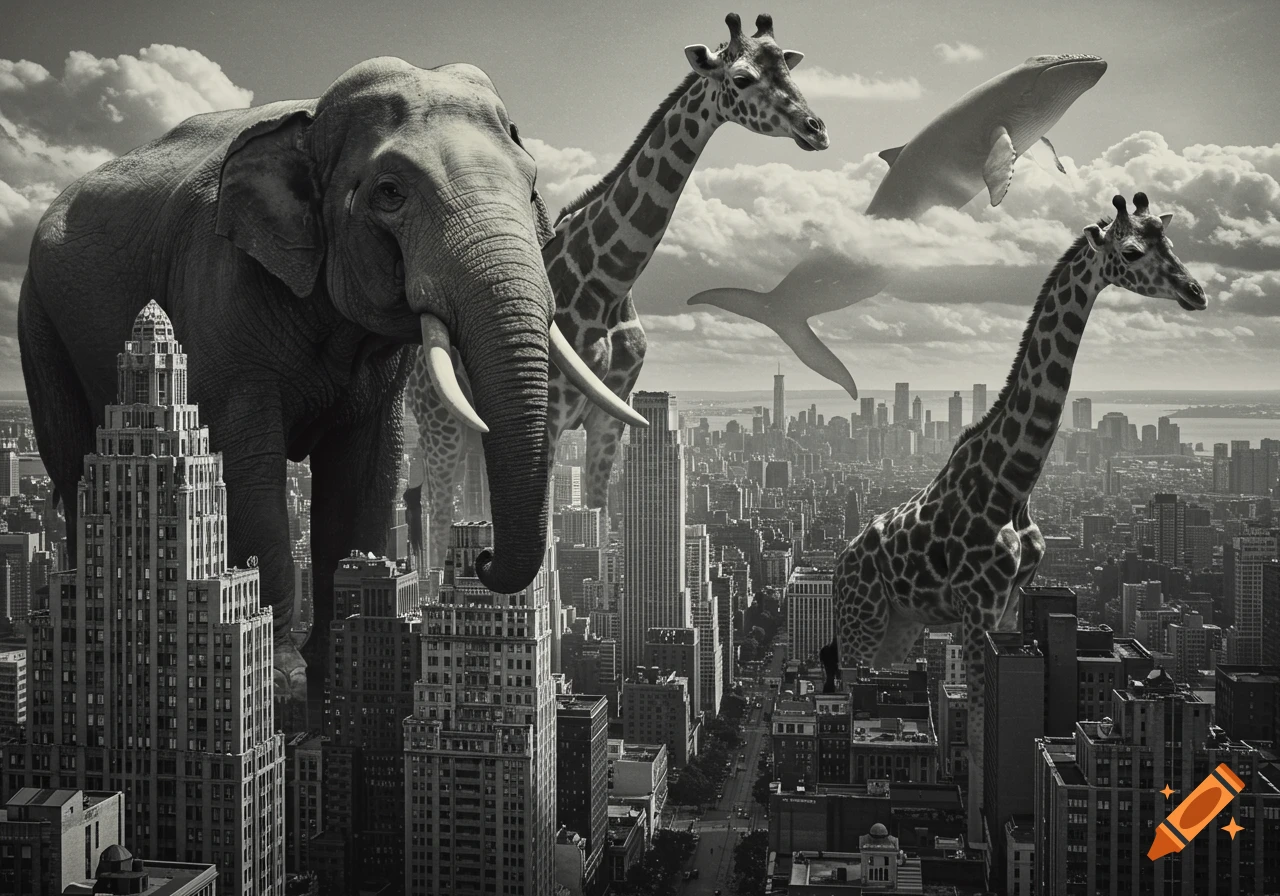 Black and white photo of a giant elephant, two giraffes, and two whales hovering over a sprawling cityscape under a cloudy sky.