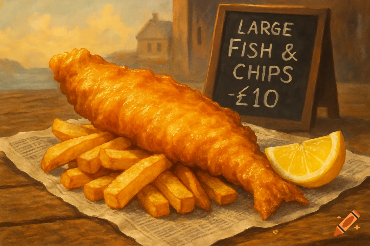 Painterly still life of a large piece of battered fish on chips, served on newspaper, with a lemon wedge and a sign advertising 'Large Fish & Chips - £10'.