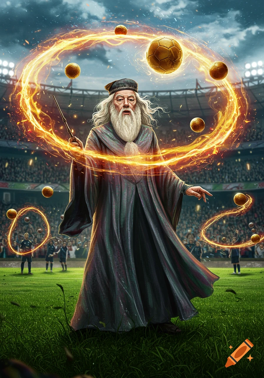 Dumbledore on a football field, manipulating glowing golden footballs with his wand in a packed stadium.