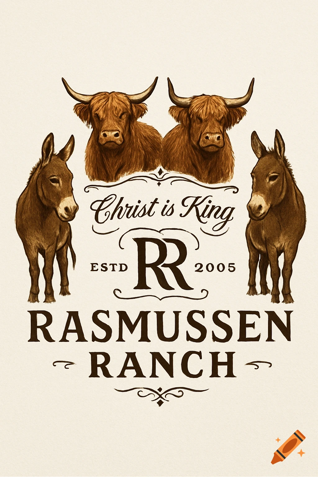 A vintage-style logo featuring two Highland cows and two brown donkeys with the text 'Christ is King ESTD RR 2005 Rasmussen Ranch'.