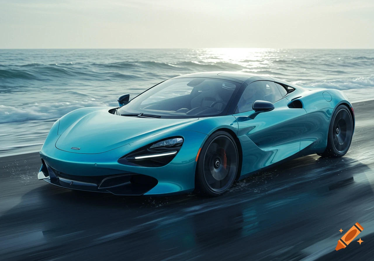 A teal McLaren sports car drives along a wet sandy beach with ocean waves in the background under a bright sky, photorealistic.