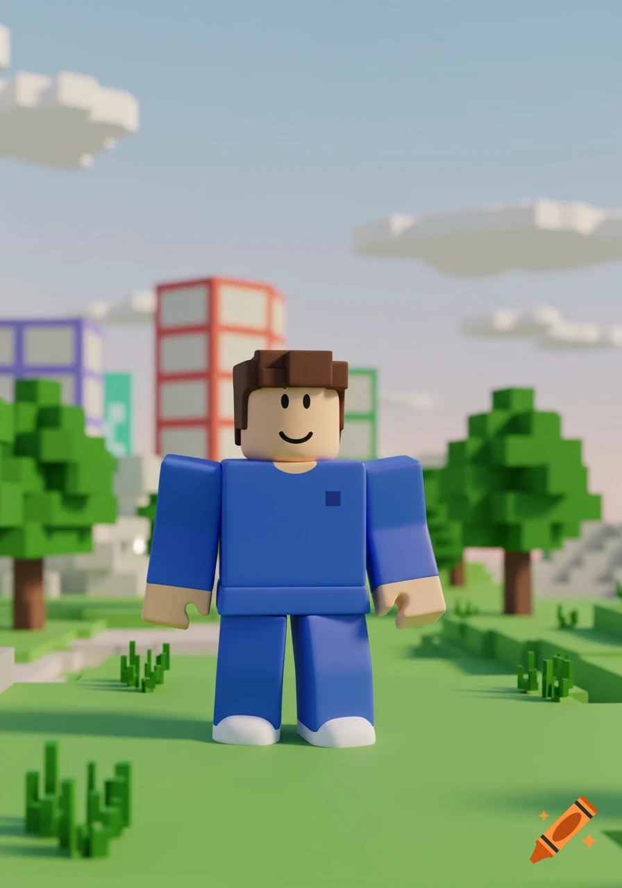 A 3D Roblox-style character in blue stands in a blocky landscape with trees and buildings under a cloudy sky.