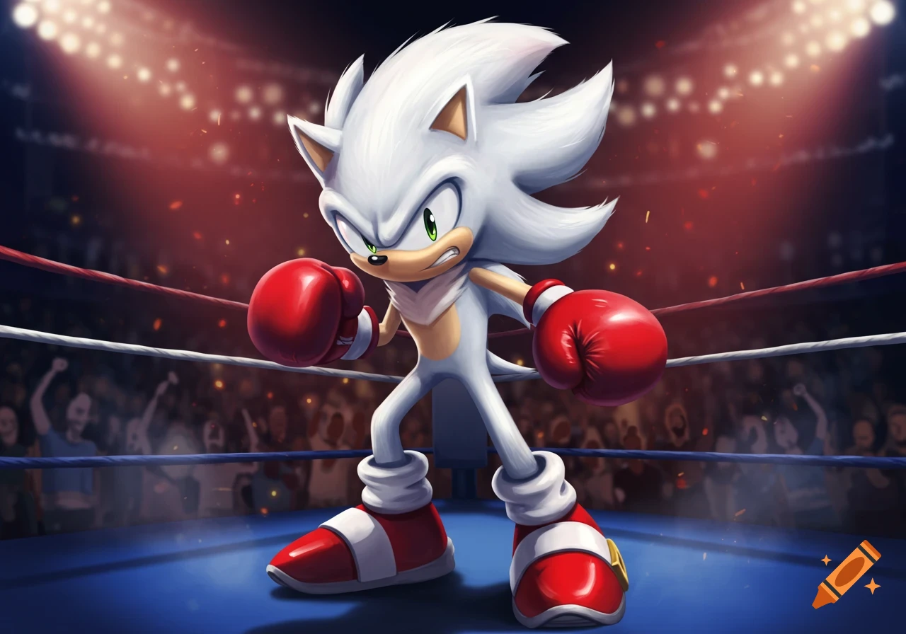 White Sonic the Hedgehog in red boxing gloves stands in a boxing ring under bright lights with a cheering crowd.