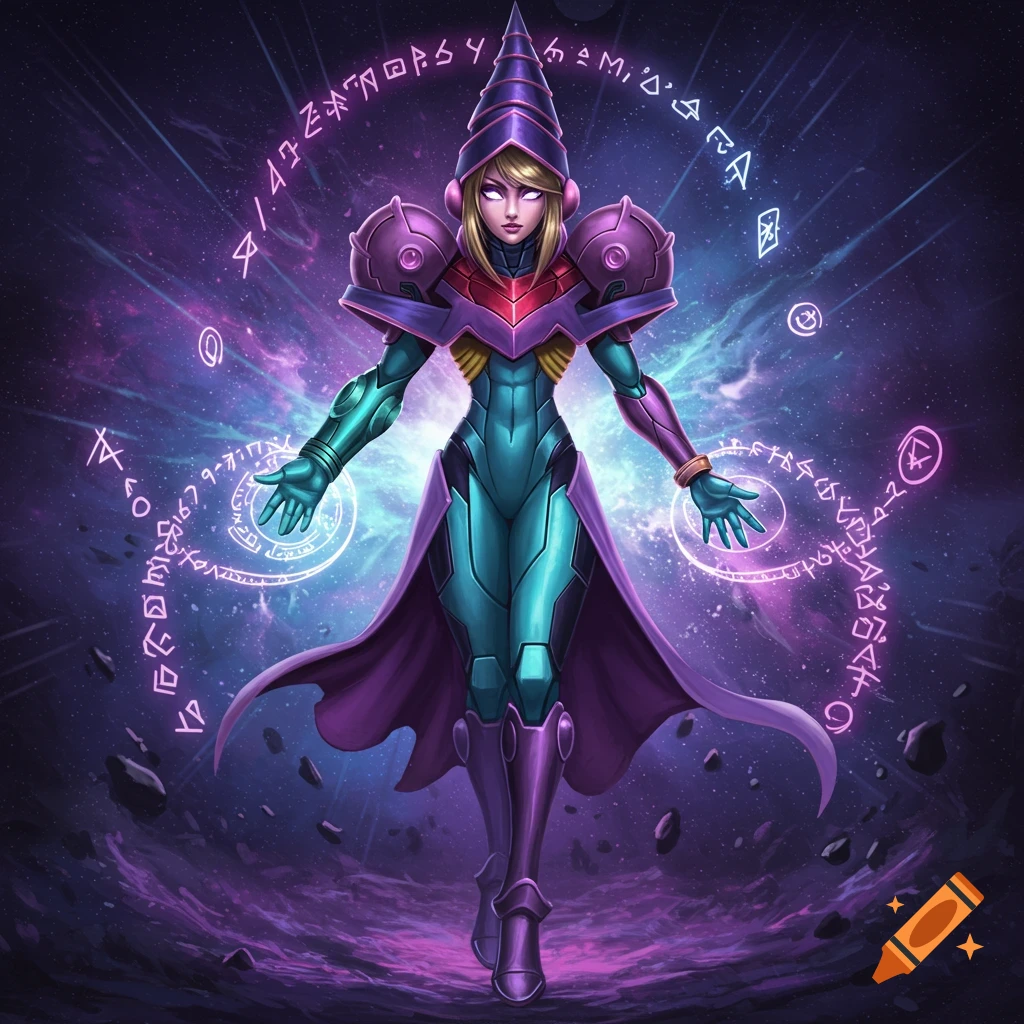 A powerful female character in a purple wizard hat and teal and purple sci-fi armor casts magic in a cosmic space setting.