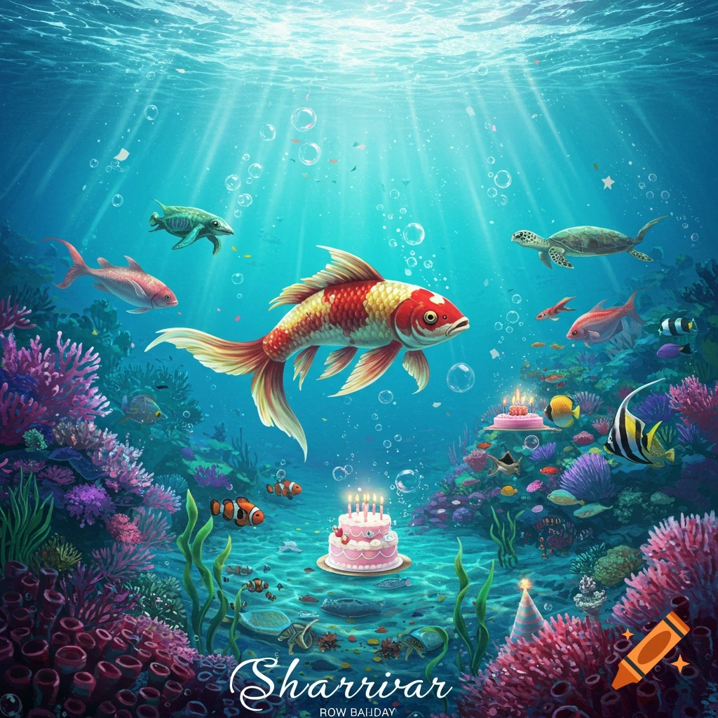 Vibrant underwater illustration of a birthday party for a large red and white koi fish, with a pink cake, coral, and other marine life.