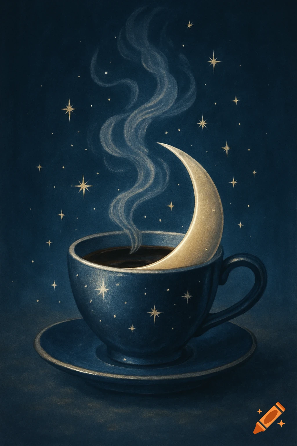 A dark blue coffee cup with a golden crescent moon and steam, surrounded by golden stars in an illustrated style.