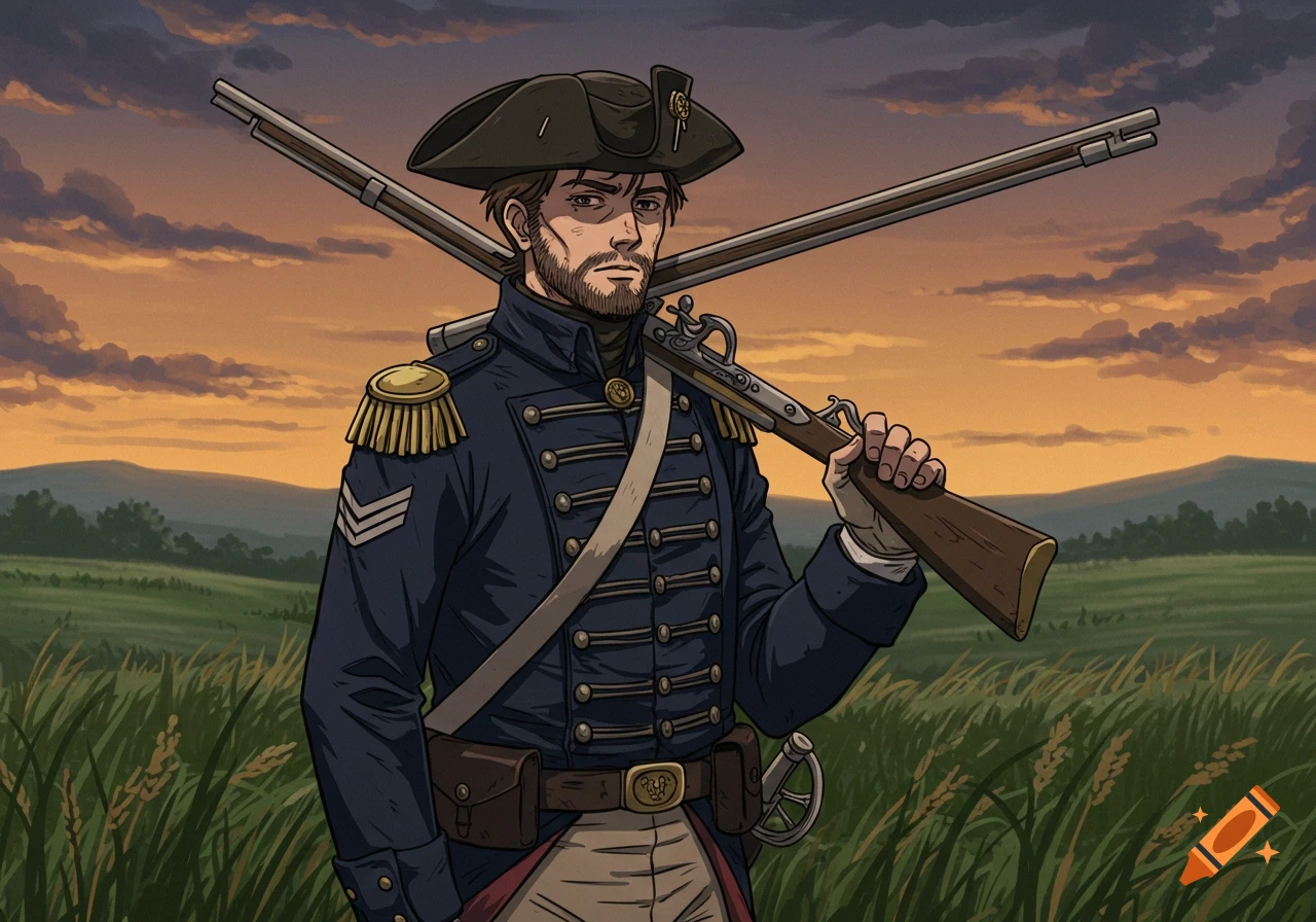 An anime-style bearded militia man in a blue uniform and tricorn hat, holding a rifle in a grassy field at sunset.