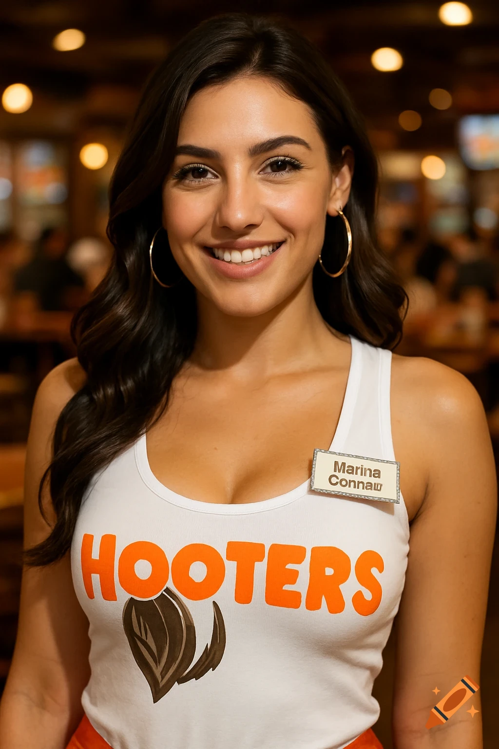 A smiling young woman with dark hair and hoop earrings wears a white Hooters tank top with a 'Marina Connaw' name tag in a restaurant setting.