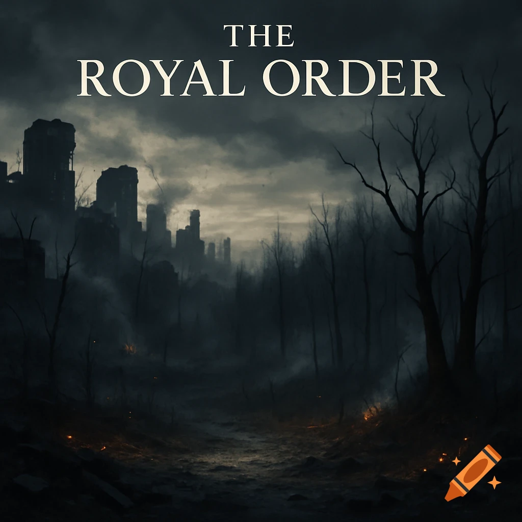 Dark, moody, post-apocalyptic landscape with ruined city, bare trees, glowing embers, and 'THE ROYAL ORDER' text.