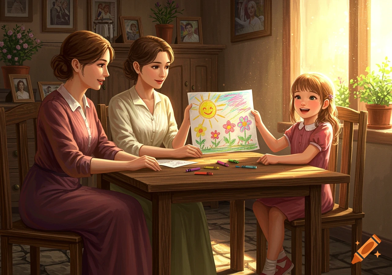 Two women and a young girl sit at a table; the girl holds up her colorful drawing of a smiling sun and flowers.