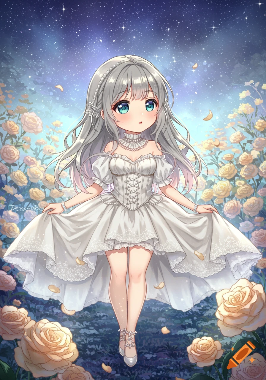 Anime girl with silver hair and blue eyes in a white corseted gown, amidst yellow roses under a starry sky.