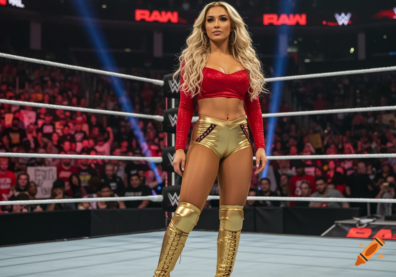 Glamorous female wrestler in red crop top and gold attire stands confidently in a wrestling ring, hyperrealistic style.