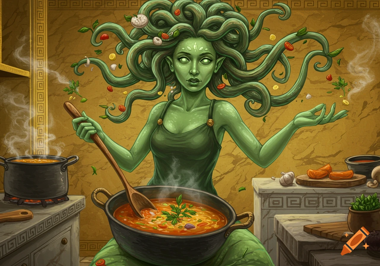 A green-skinned Medusa-like creature with vegetable-laden snake hair cooks soup in a kitchen, stirring a pot.