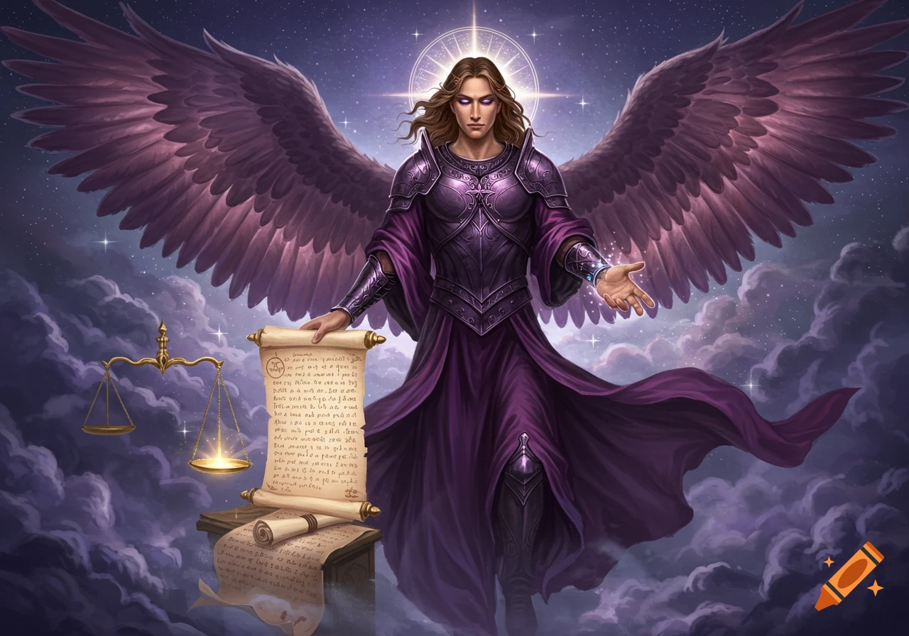 An angelic figure with purple wings and armor, holding a scroll and standing near scales of justice in a starry sky.
