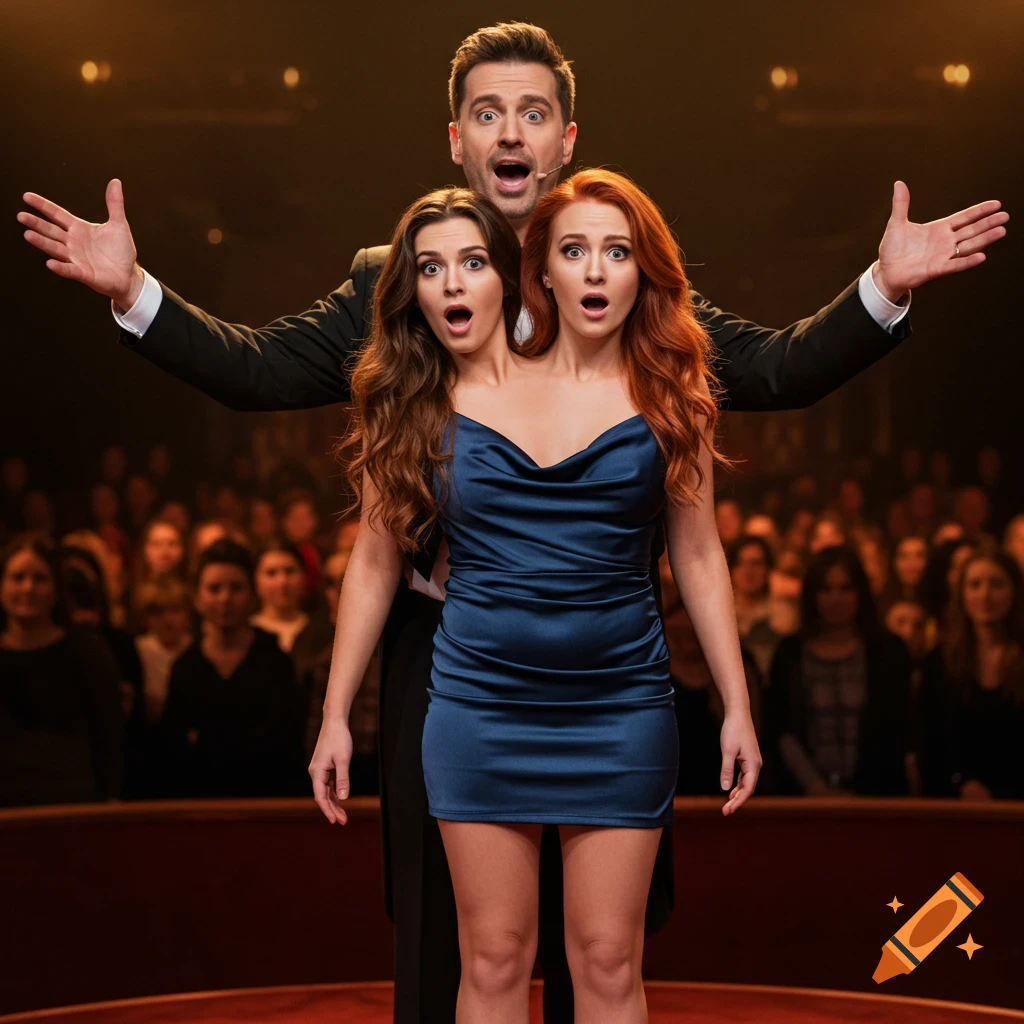 A magician in a suit stands behind two women, who appear to be a single two-headed woman in a blue dress, on a stage with an audience. All three have surprised expressions.