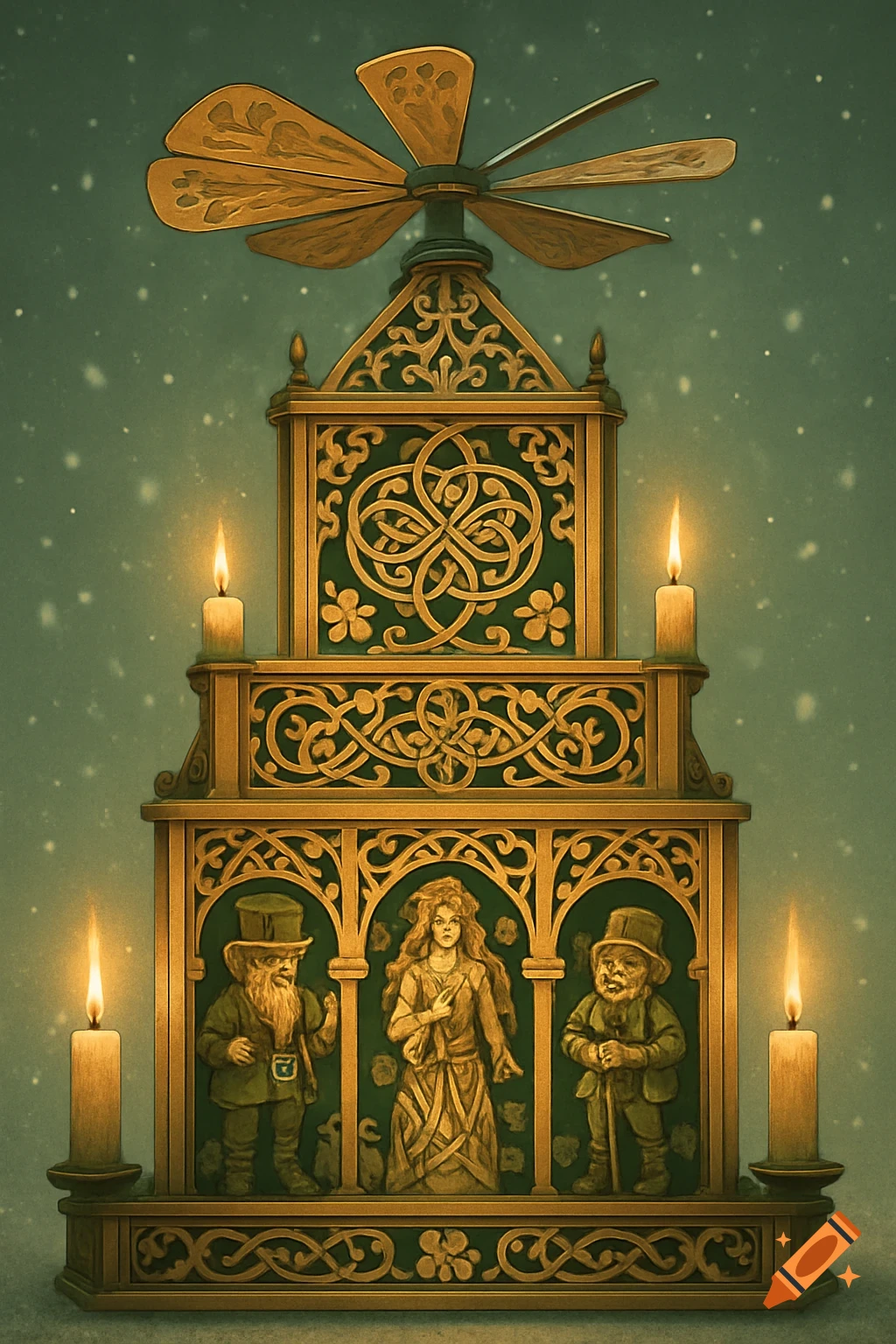 Gold and green tiered Christmas pyramid with lit candles, a top fan, and sculpted figures of a woman and leprechauns against a snowy background.
