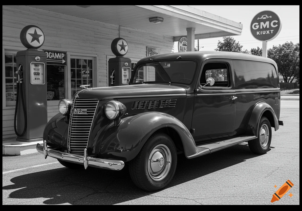 Black and white photo of a vintage GMC panel van parked at an old-fashioned gas station with two pumps under a canopy.