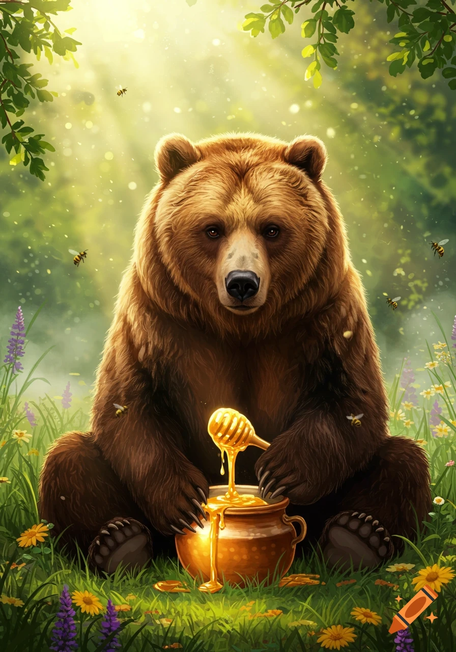 A brown bear sits in a sunny, flower-filled forest, dripping honey from a dipper into a copper pot, with bees flying around.