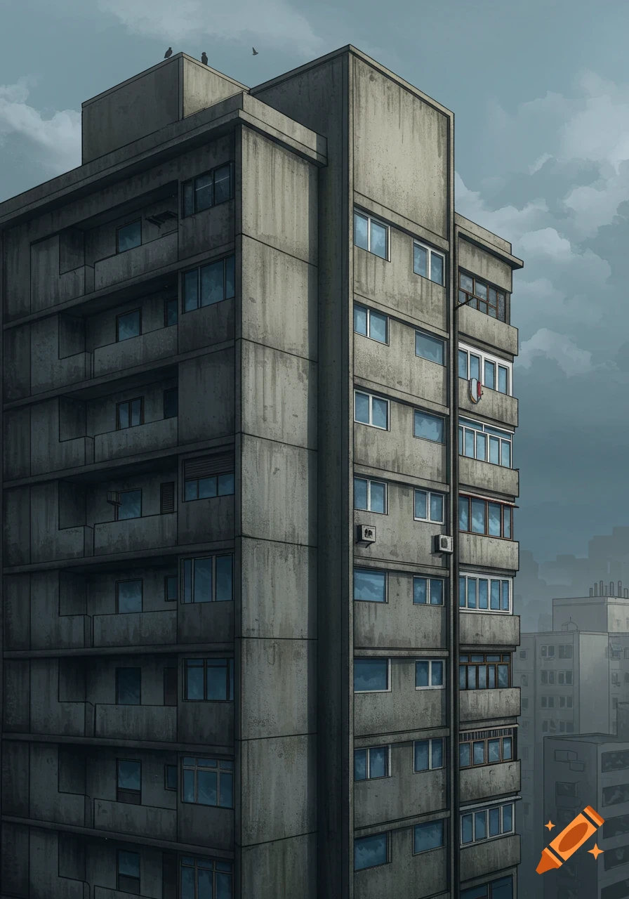Stylized illustration of a tall, weathered brutalist concrete apartment building under a cloudy sky, with windows reflecting blue.