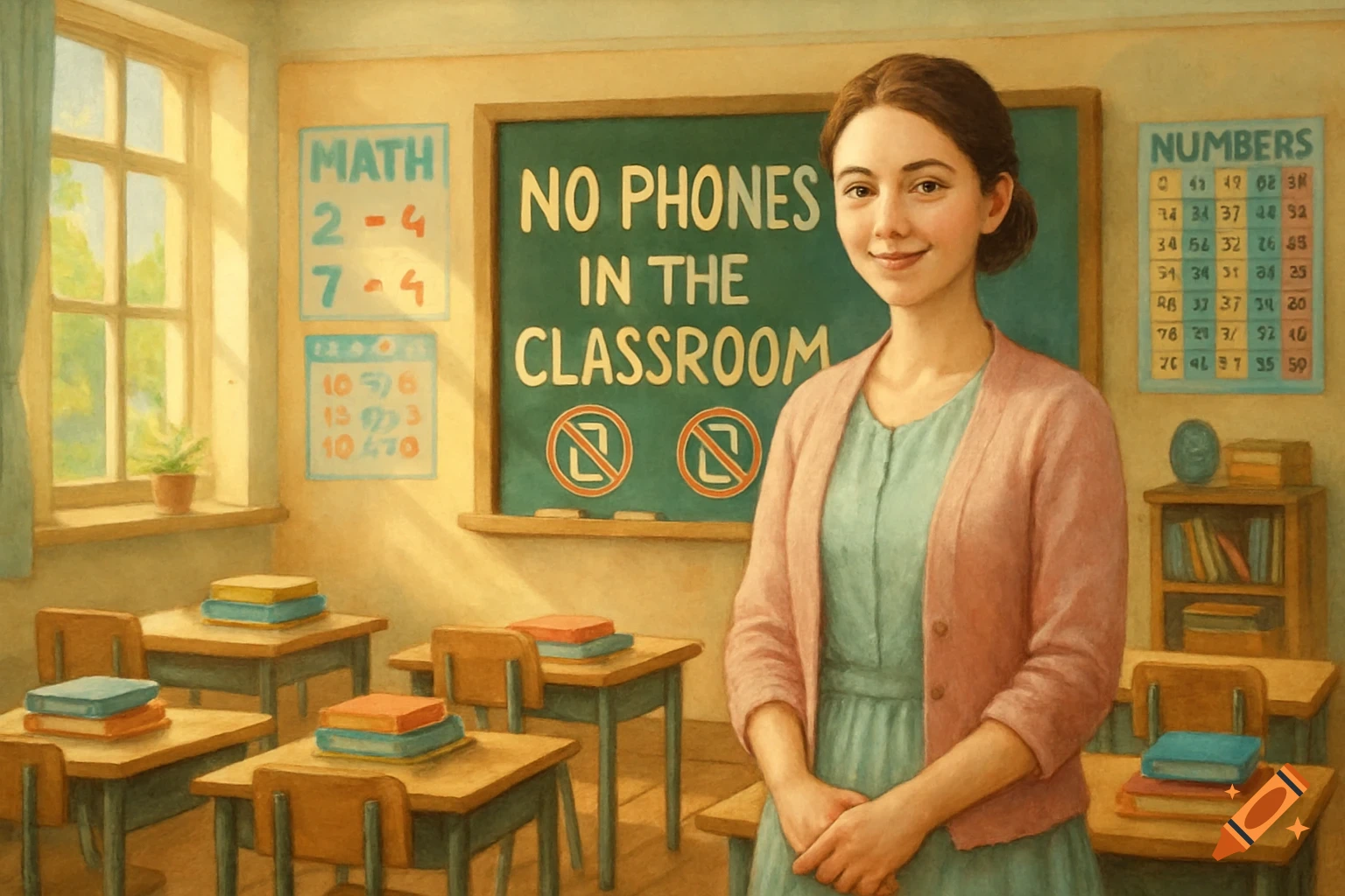 A smiling young female teacher stands in a bright, vintage-style classroom with a chalkboard behind her reading "NO PHONES IN THE CLASSROOM."