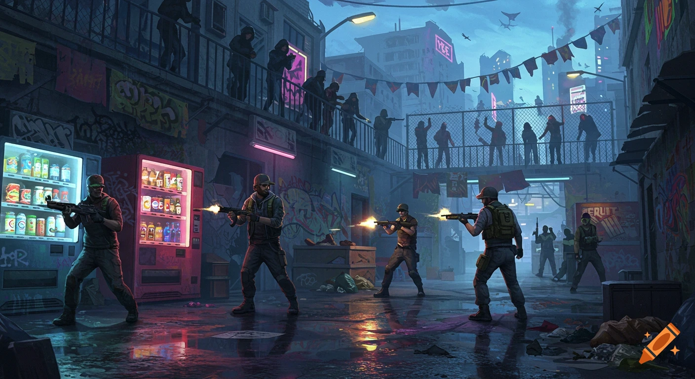 An illustrative scene of an urban gunfight at night, with soldiers firing rifles in a neon-lit, graffiti-covered alley as onlookers watch from balconies.