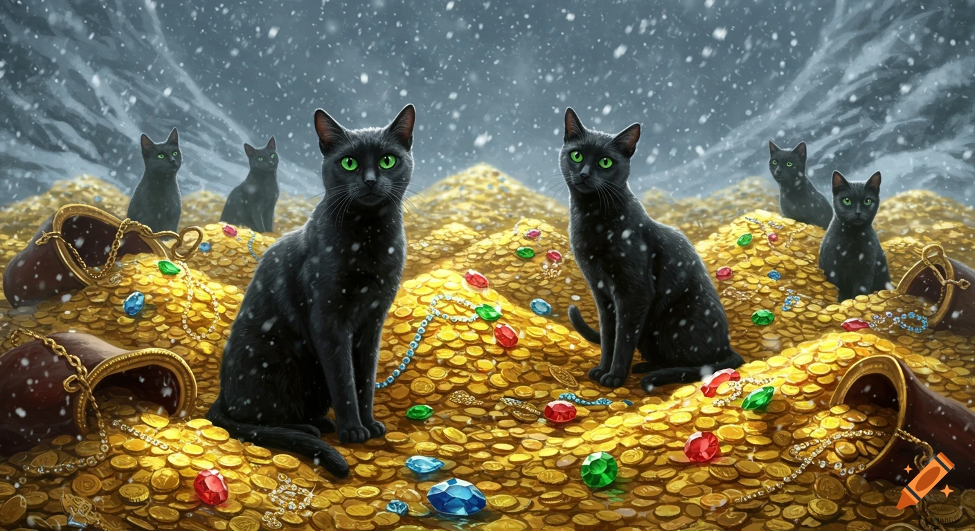 Digital painting of black cats with glowing green eyes sitting on a massive treasure hoard of gold coins and jewels, with snow falling.