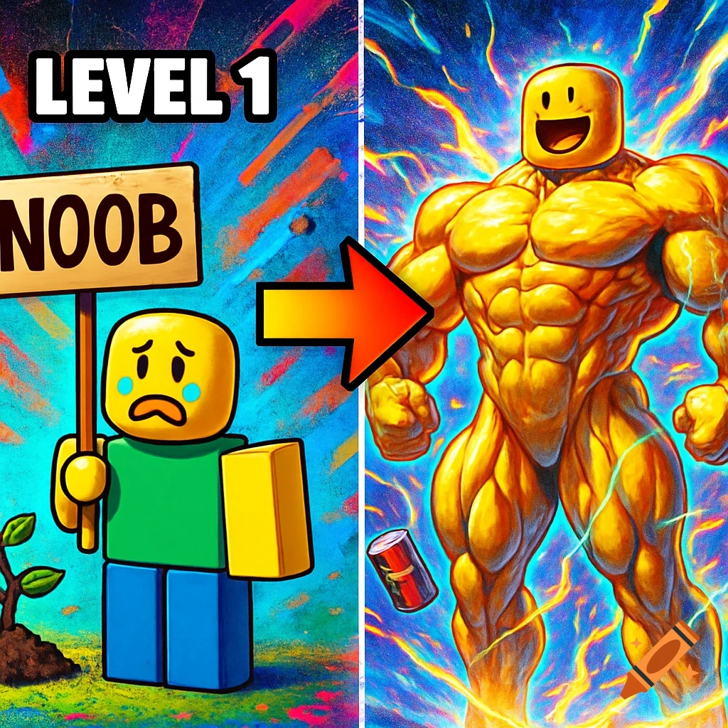 A split image showing a sad Roblox 'noob' character holding a 'LEVEL 1 NOOB' sign, transforming into a powerfully muscular Roblox character emanating yellow energy, with a can of soda nearby.