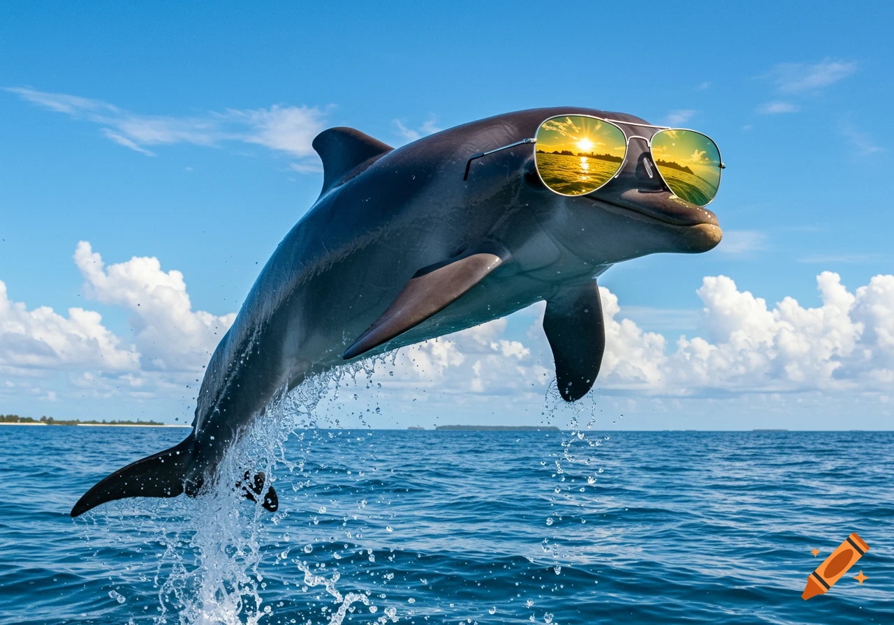 A photorealistic dolphin wearing aviator sunglasses leaps from the blue ocean against a sunny sky with white clouds.