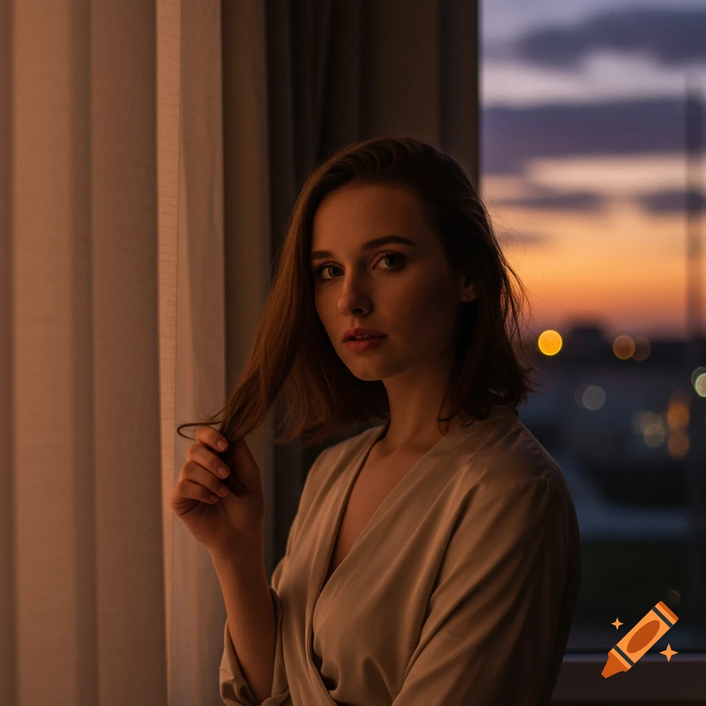 Photorealistic portrait of a woman looking at the camera, holding her hair, by a window with a sunset view.