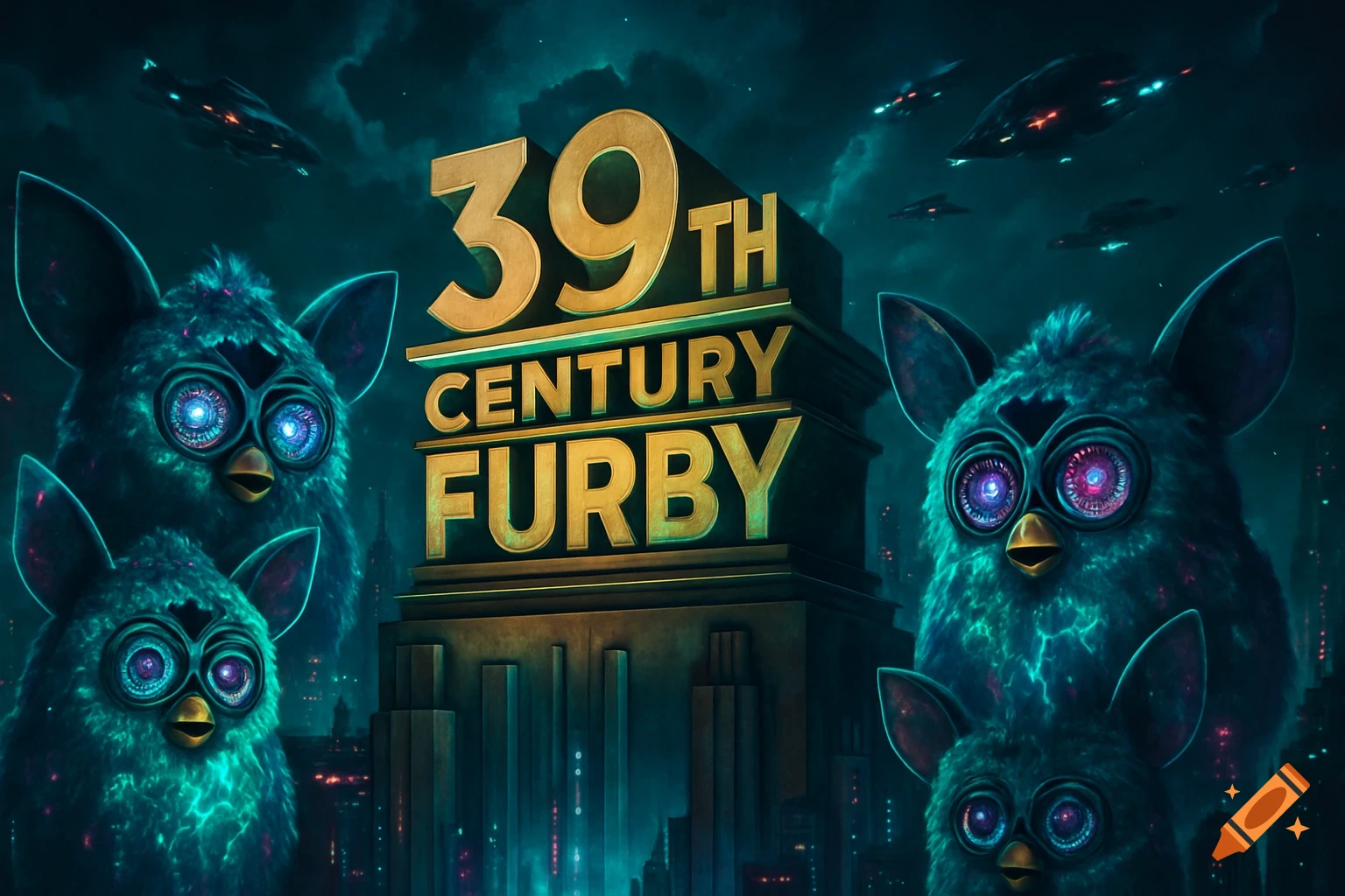 Four glowing-eyed Furby-like creatures surround a gold '39TH CENTURY FURBY' logo above a futuristic city with spaceships.