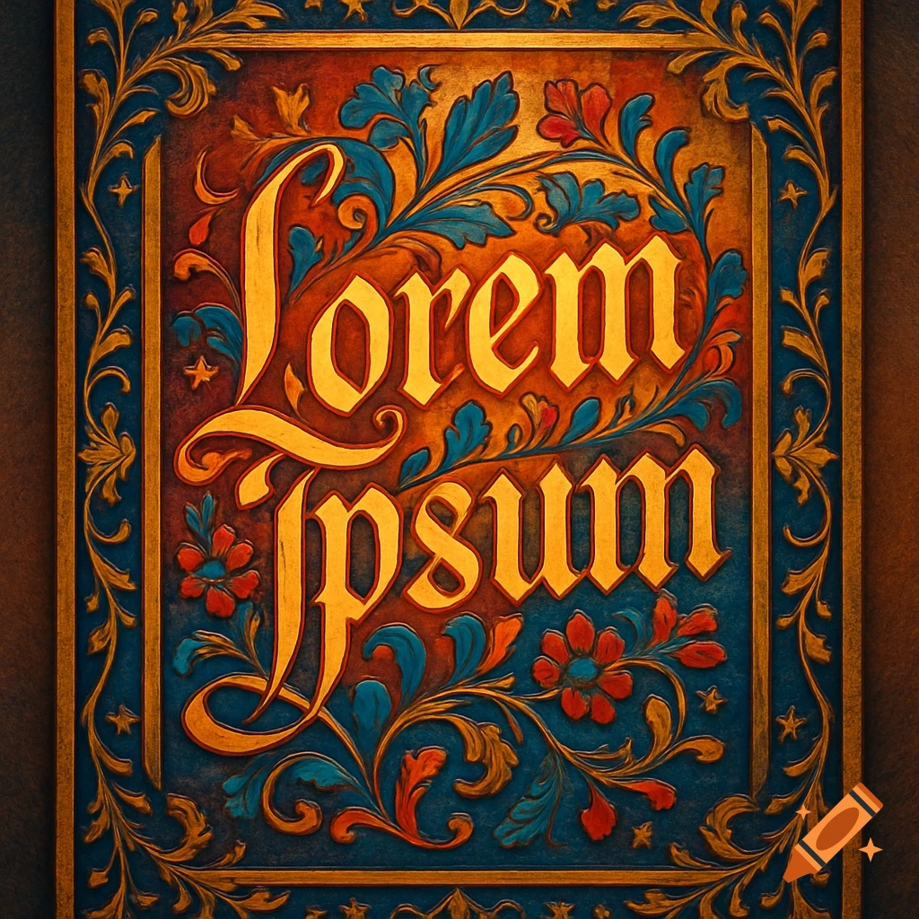 Ornate vintage-style poster or book cover with 'Lorem Ipsum' in gold lettering, surrounded by blue, red, and gold floral patterns.