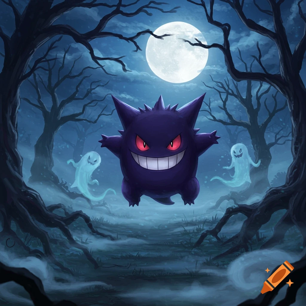 Gengar and two smaller ghosts float in a dark, spooky forest under a full moon, surrounded by twisted trees and mist.