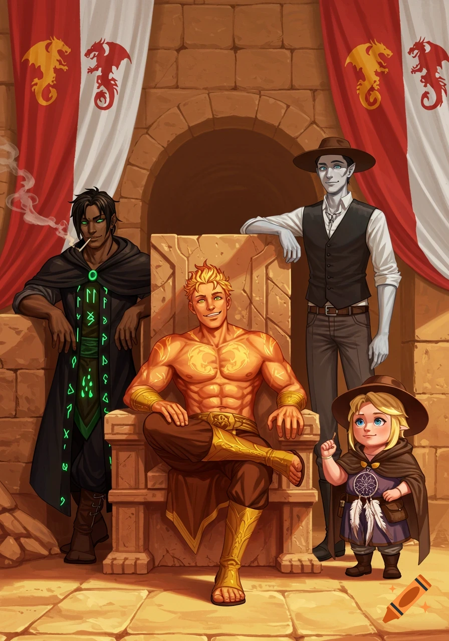 Fantasy illustration of four mages in a desert castle: a fire mage on a throne, an earth mage, a lanky man, and a small dream mage.
