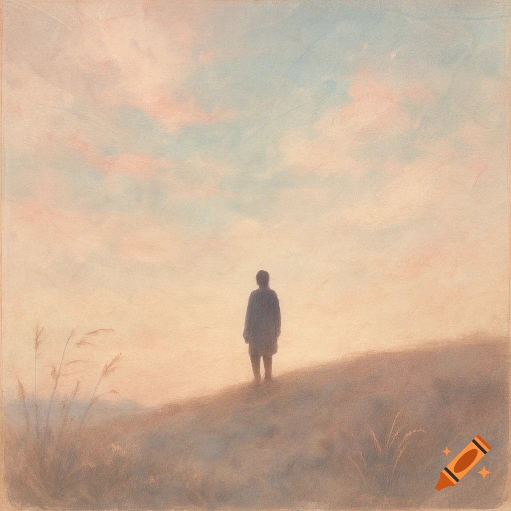 A lone figure stands on a gentle hill against a pastel sky with soft pink and blue hues, in a painterly style.