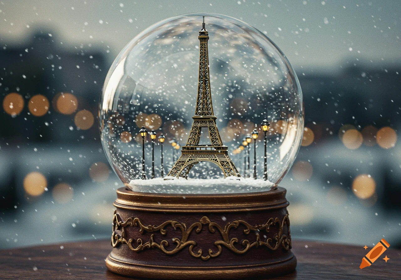 A detailed snow globe with a golden Eiffel Tower and streetlights inside, against a blurred snowy background.
