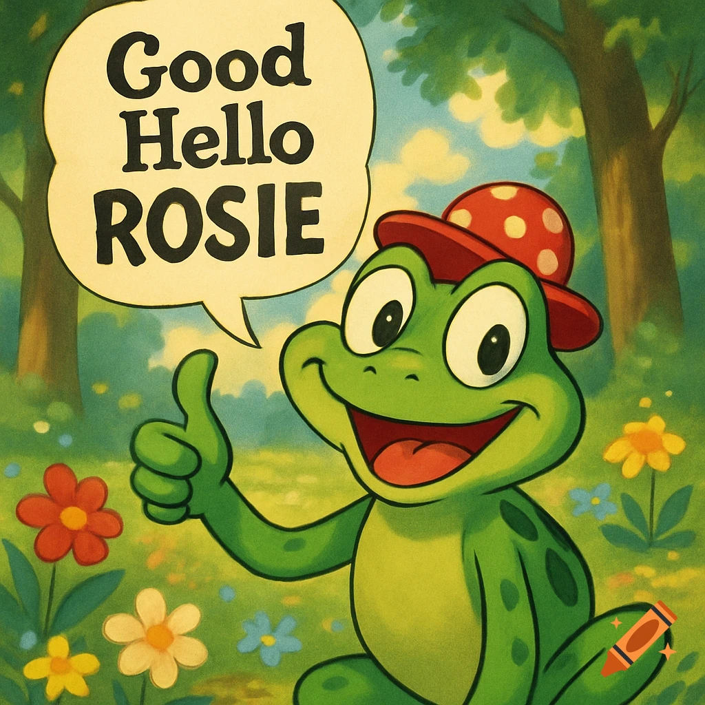 A friendly green cartoon frog in a red polka-dot hat gives a thumbs-up in a flowery field with a speech bubble saying "Good Hello ROSIE".