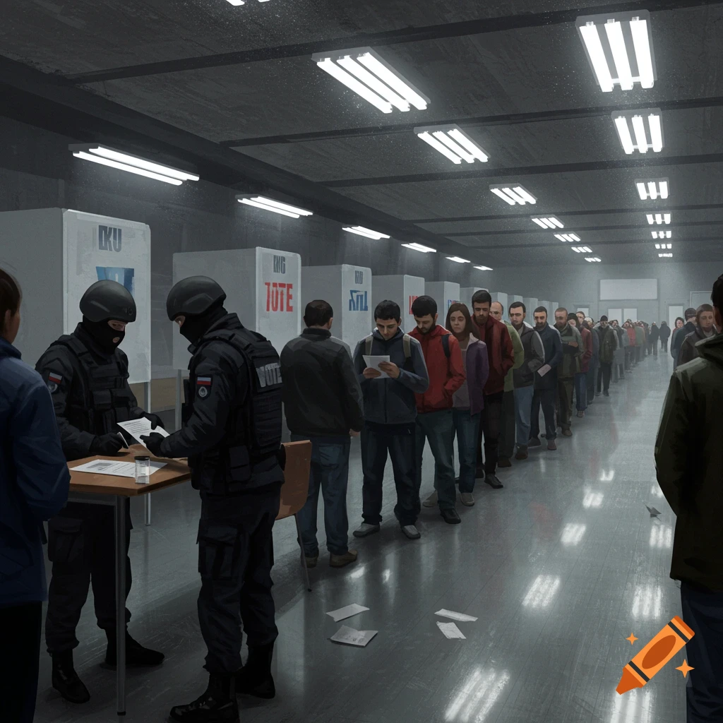 Military personnel with balaclavas check IDs of people waiting in a long line at a voting polling place with booths.